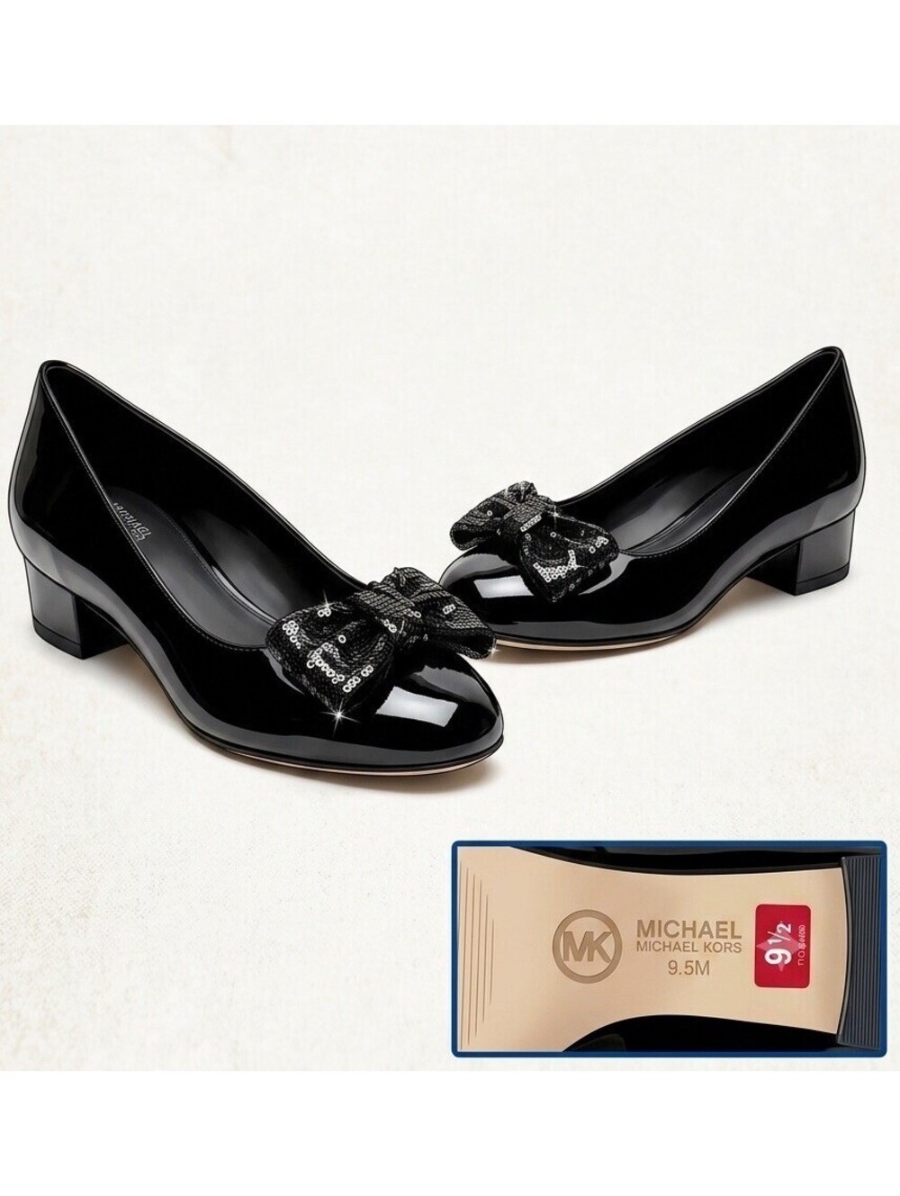 MICHAEL Michael Kors Black Patent Bow Pumps Sequin Low Block Heel Size 9.5